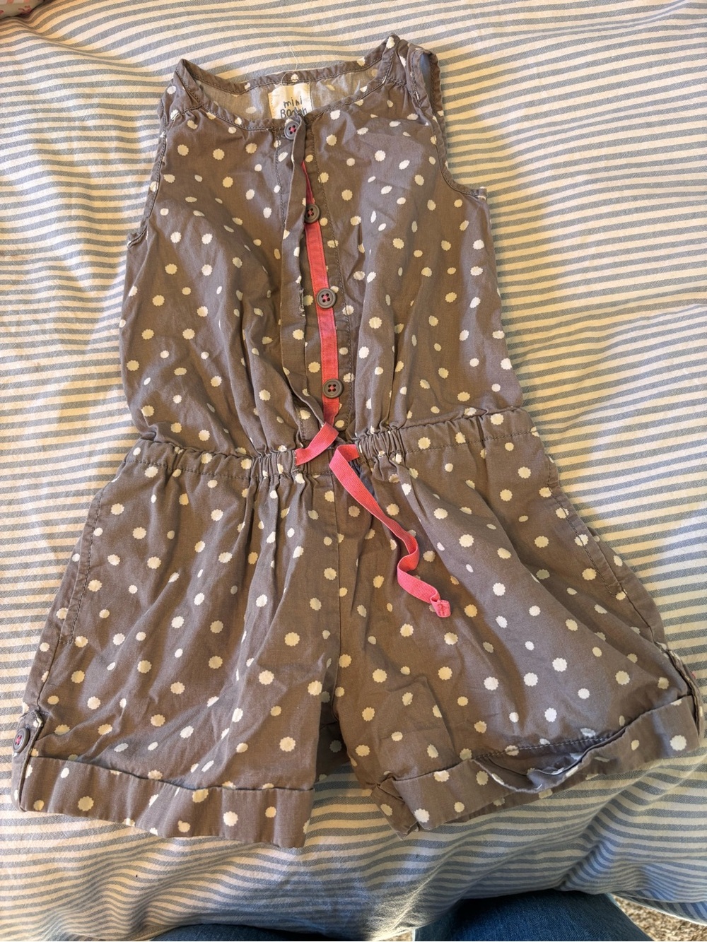 Boden Brown Polka Dot Girls Romper with Pink Trim
